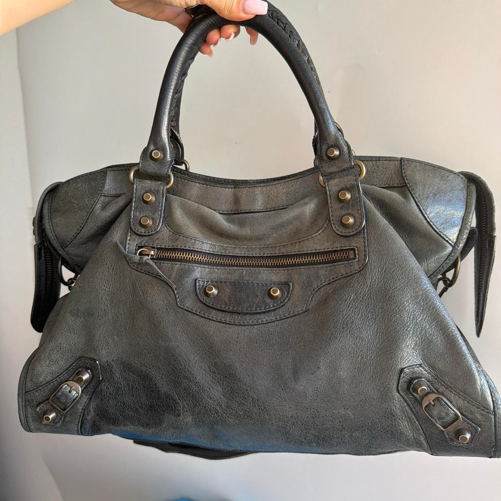 Dark Grey Leather City Bag